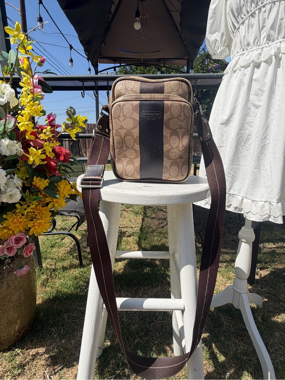 Coach Brown Signature Canvas Messenger Crossbody with Dark Stripe